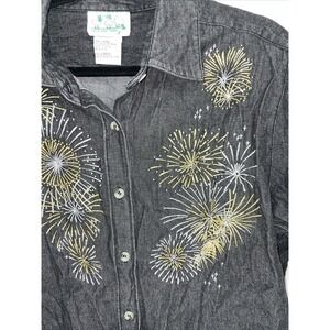 The Quacker Factory Shirt Women's Large L Gray Button Down Firework‎ Embroidered